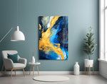Metallic-pour cinematic glass wall art in boutique-hotel lounge