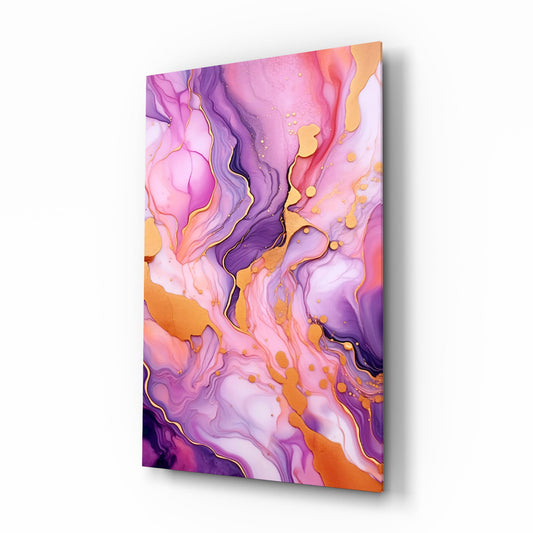 Pink violet gold alcohol ink cinematic glass wall art over walnut console in designer powder room