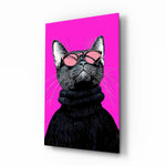Cool cat pink shades cinematic glass wall art over walnut console in designer fashion atelier