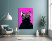 Andy-Warhol-style cinematic glass wall art in boutique cafe