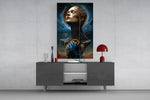 Hummingbird-and-tree cinematic glass wall art in light-filled atelier