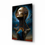 Surreal Mother Nature muse cinematic glass wall art over walnut console in designer fashion atelier