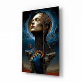Surreal Mother Nature muse cinematic glass wall art over walnut console in designer fashion atelier