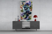 Pansy-and-iris cinematic glass wall art in light-filled atelier