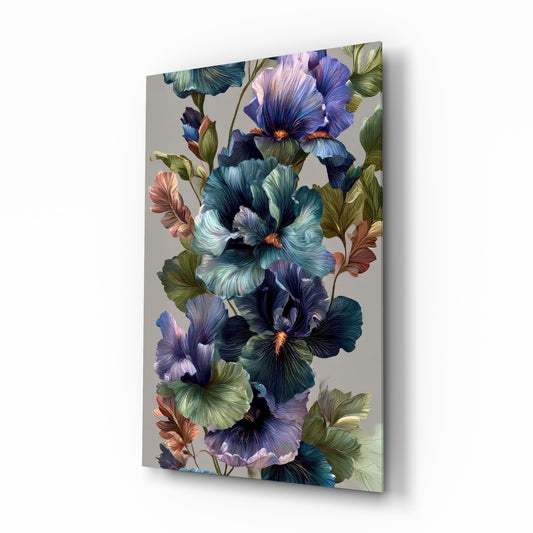 Iris and pansy bouquet cinematic glass wall art over walnut console in designer powder room