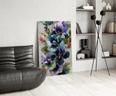 Oil-floral cinematic glass wall art over modern dining sideboard