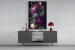 Cottagecore peony cinematic glass wall art in light-filled atelier