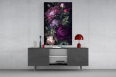 Cottagecore peony cinematic glass wall art in light-filled atelier