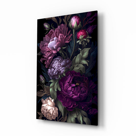 Dark moody peony bouquet cinematic glass wall art over walnut console in designer powder room