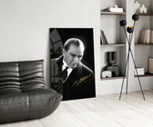 Solemn-state-portrait cinematic glass wall art over modern dining sideboard