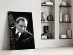 Turkish founder cinematic glass wall art in masculine-luxe study