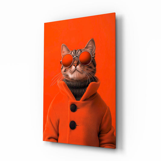 Red coat tabby cat dandy cinematic glass wall art over walnut console in designer fashion atelier