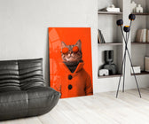 Pea-coat tabby cinematic glass wall art over modern dining sideboard