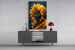 Cobalt-veil floral cinematic glass wall art in light-filled atelier