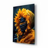 Sunflower Madonna cinematic glass wall art over walnut console in designer wellness clinic