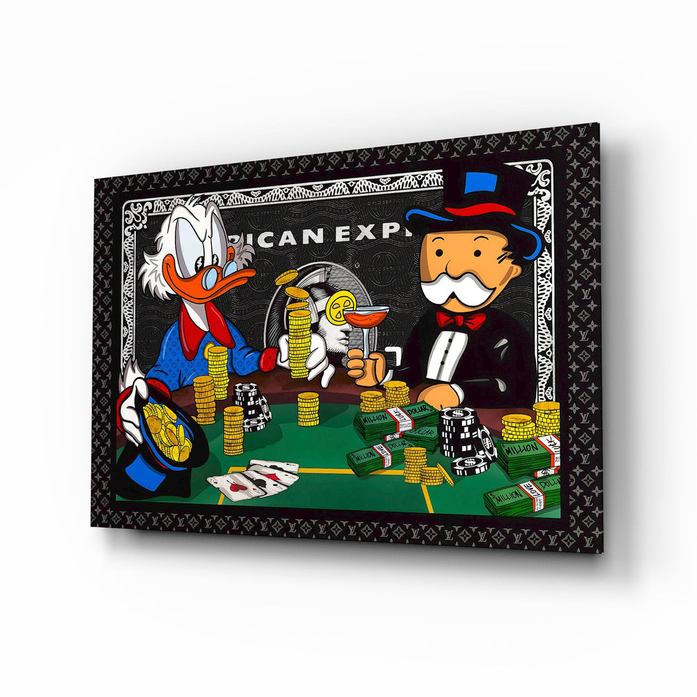 Scrooge vs Monopoly poker cinematic glass wall art over walnut console in designer cigar lounge