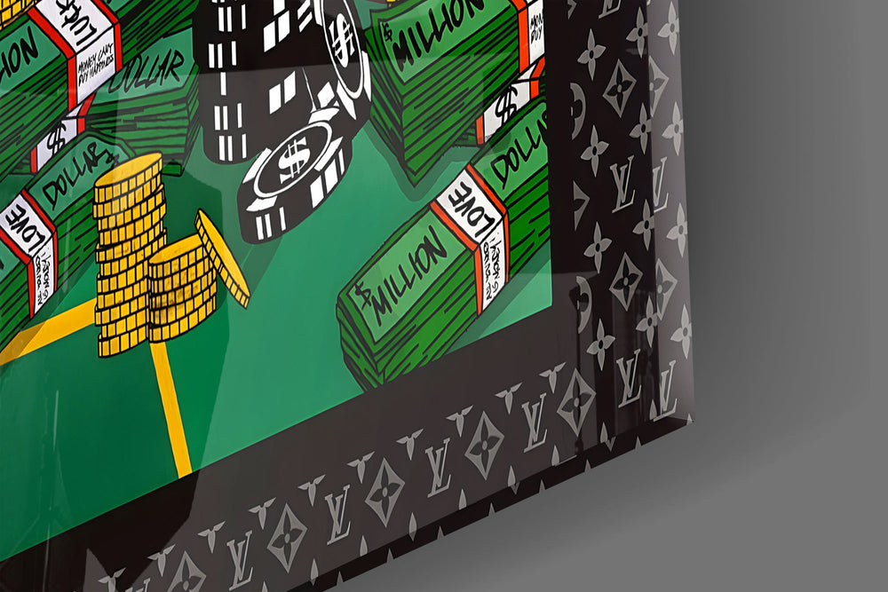 Disney-and-Monopoly cinematic glass wall art in masculine-luxe study