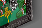 Disney-and-Monopoly cinematic glass wall art in masculine-luxe study
