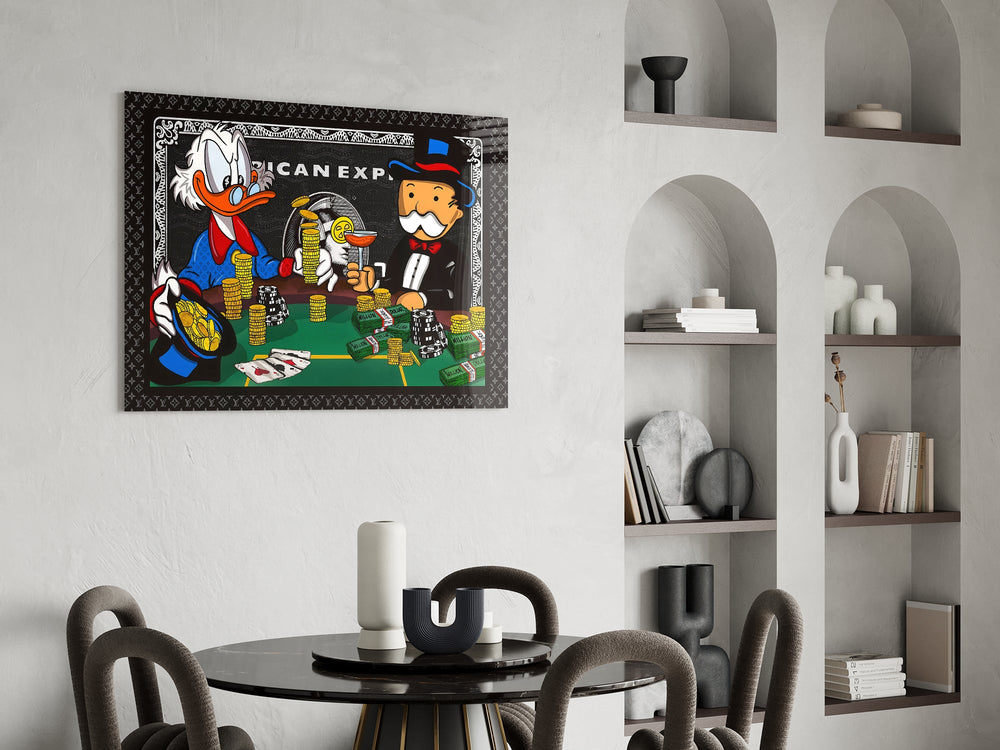 Gold-coin poker cinematic glass wall art over modern bar console