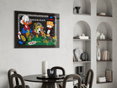 Gold-coin poker cinematic glass wall art over modern bar console