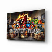 Avengers Last Supper cinematic glass wall art over walnut console in designer entertainment den