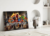Pop-graffiti superhero cinematic glass wall art in heritage stairwell