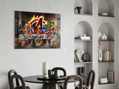 Iron Man and Hulk Last Supper cinematic glass wall art over modern dining sideboard