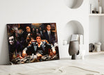 Pop-graffiti gangster cinematic glass wall art in heritage stairwell