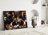 Pop-graffiti gangster cinematic glass wall art in heritage stairwell