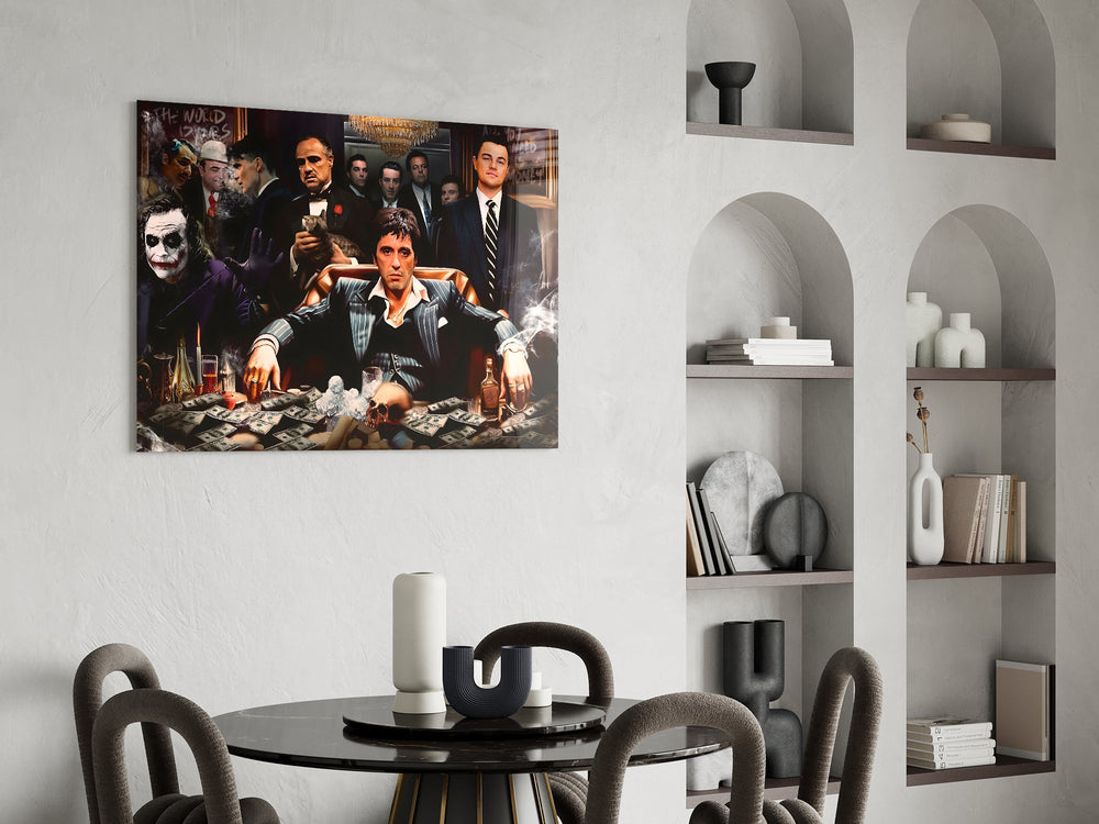 Wolf-of-Wall-Street cinematic glass wall art over modern bar console