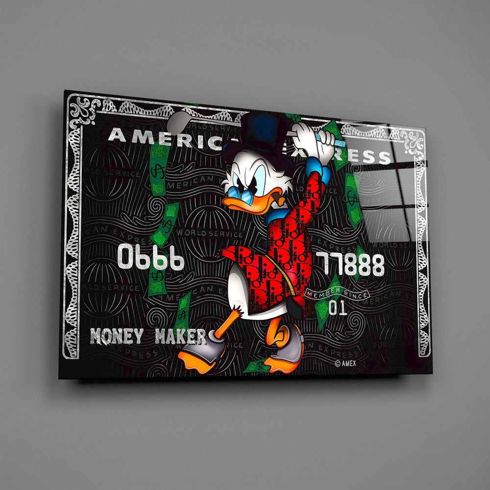 Cartoon luxury AmEx cinematic glass wall art in finance-bro home office