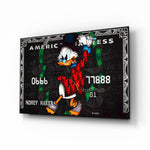 Scrooge McDuck Money Maker cinematic glass wall art over walnut console in designer cigar lounge