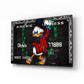 Scrooge McDuck Money Maker cinematic glass wall art over walnut console in designer cigar lounge