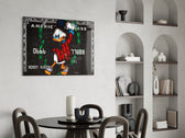 Money-Maker Scrooge cinematic glass wall art over modern bar console