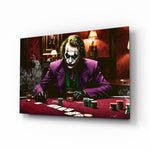 Joker at poker table cinematic glass wall art over walnut console in designer cigar lounge