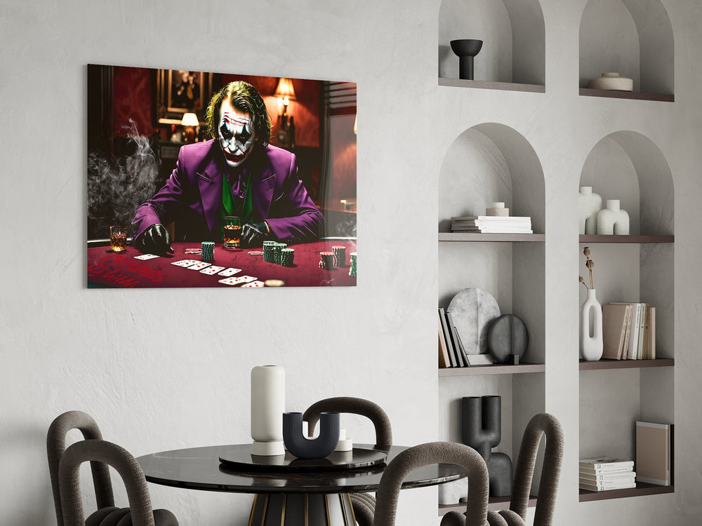 Violet-suit Joker cinematic glass wall art over modern bar console