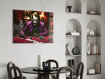 Violet-suit Joker cinematic glass wall art over modern bar console