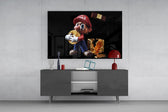 Crypto humor cinematic glass wall art in masculine-luxe study