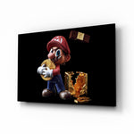 Super Mario Bitcoin cinematic glass wall art over walnut console in designer entertainment den