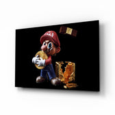 Super Mario Bitcoin cinematic glass wall art over walnut console in designer entertainment den