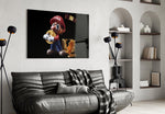 Bitcoin parody cinematic glass wall art in finance-bro home office