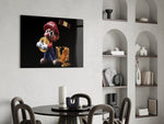 Gold-coin Mario cinematic glass wall art over modern game-room console