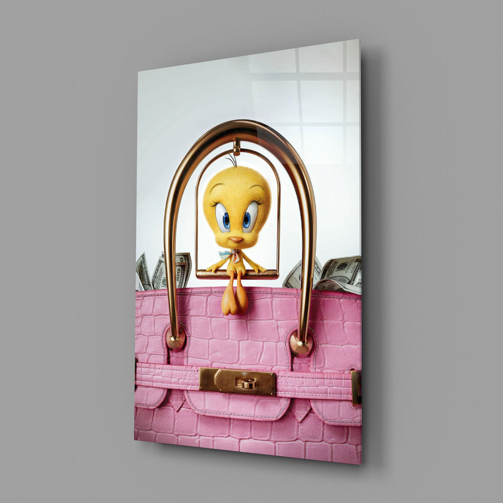 Cartoon luxury Hermès cinematic glass wall art in feminine-luxe walk-in closet