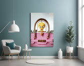 Pink-Birkin pop cinematic glass wall art in glamorous powder-room