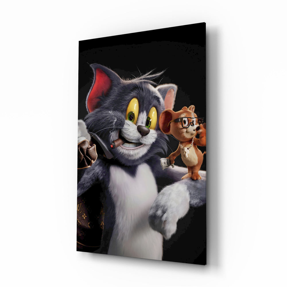 Tom and Jerry luxe cinematic glass wall art over walnut console in designer entertainment den