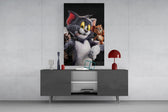 Cartoon-luxe humor cinematic glass wall art in masculine-luxe study