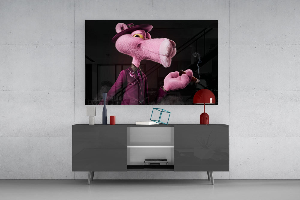 Pop-luxe noir cinematic glass wall art in entertainment den