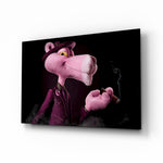 Pink Panther cigar noir cinematic glass wall art over walnut console in designer cigar lounge