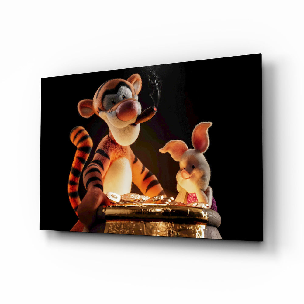 Tigger and Piglet treasure cigar cinematic glass wall art over walnut console in designer entertainment den