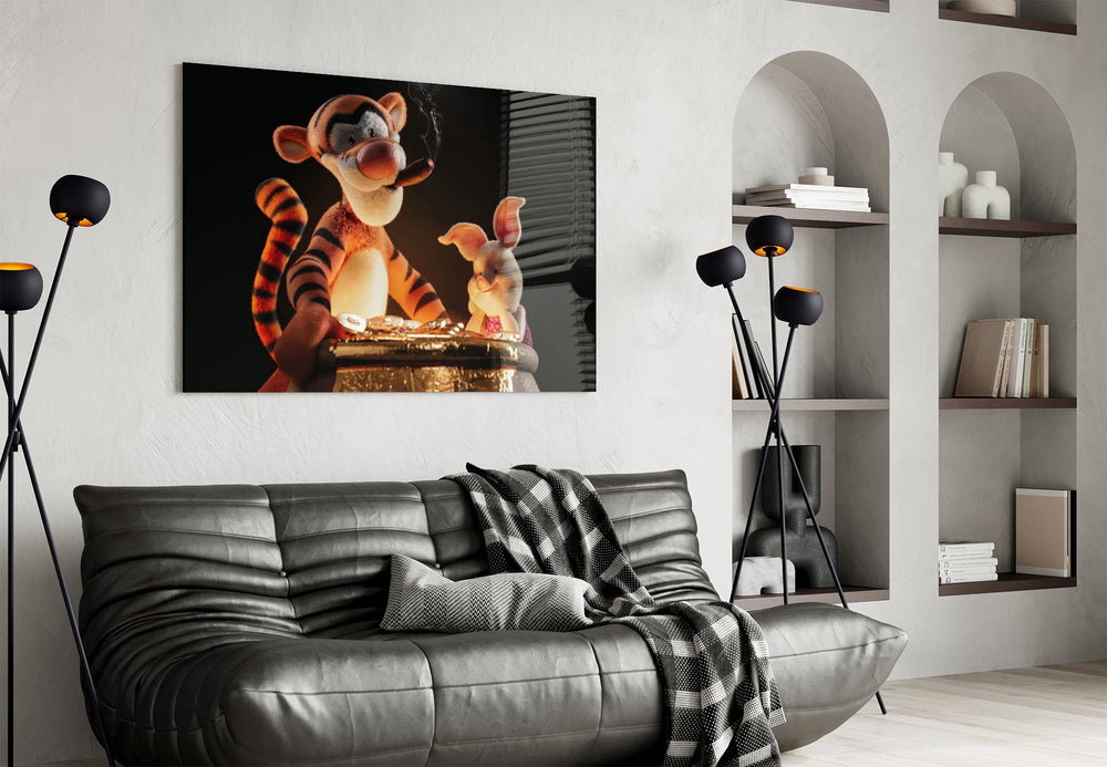 Tigger cigar parody cinematic glass wall art in masculine-luxe study